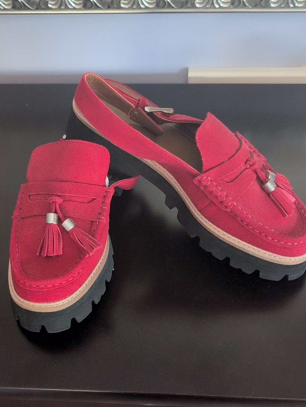 Donald J. Pliner Red Suede Tassel Lug Sole Loafers